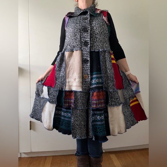 Upcycled Sweater Vest Long Cardi Boho Hippie Tiered Pixie Patchwork Cottage Core - Picture 5 of 14